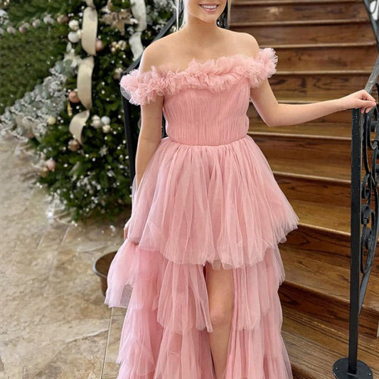 Off the Shoulder Tulle A-line Prom Dresses with Split