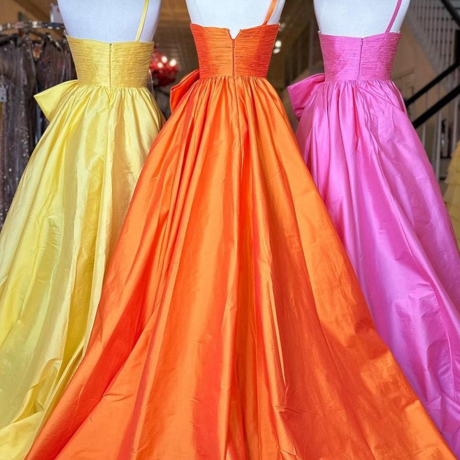 One Shoulder Satin A-line Prom Dresses with Bow