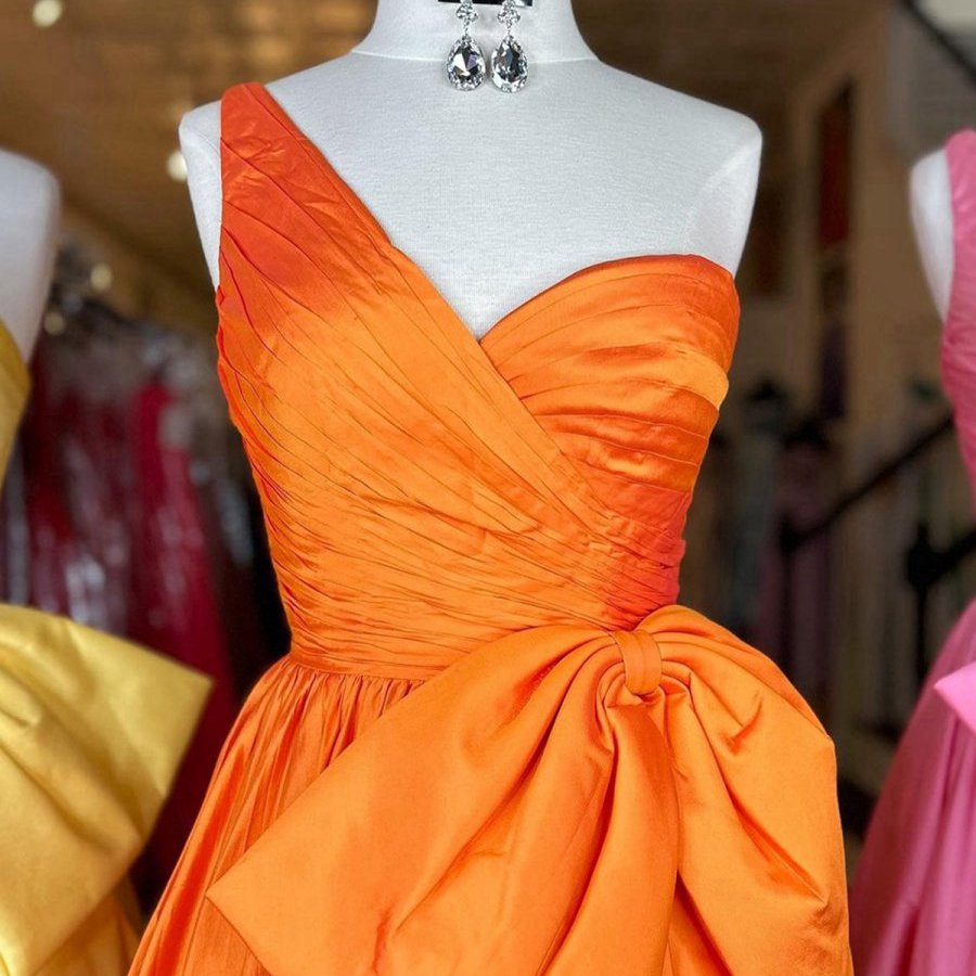 One Shoulder Satin A-line Prom Dresses with Bow