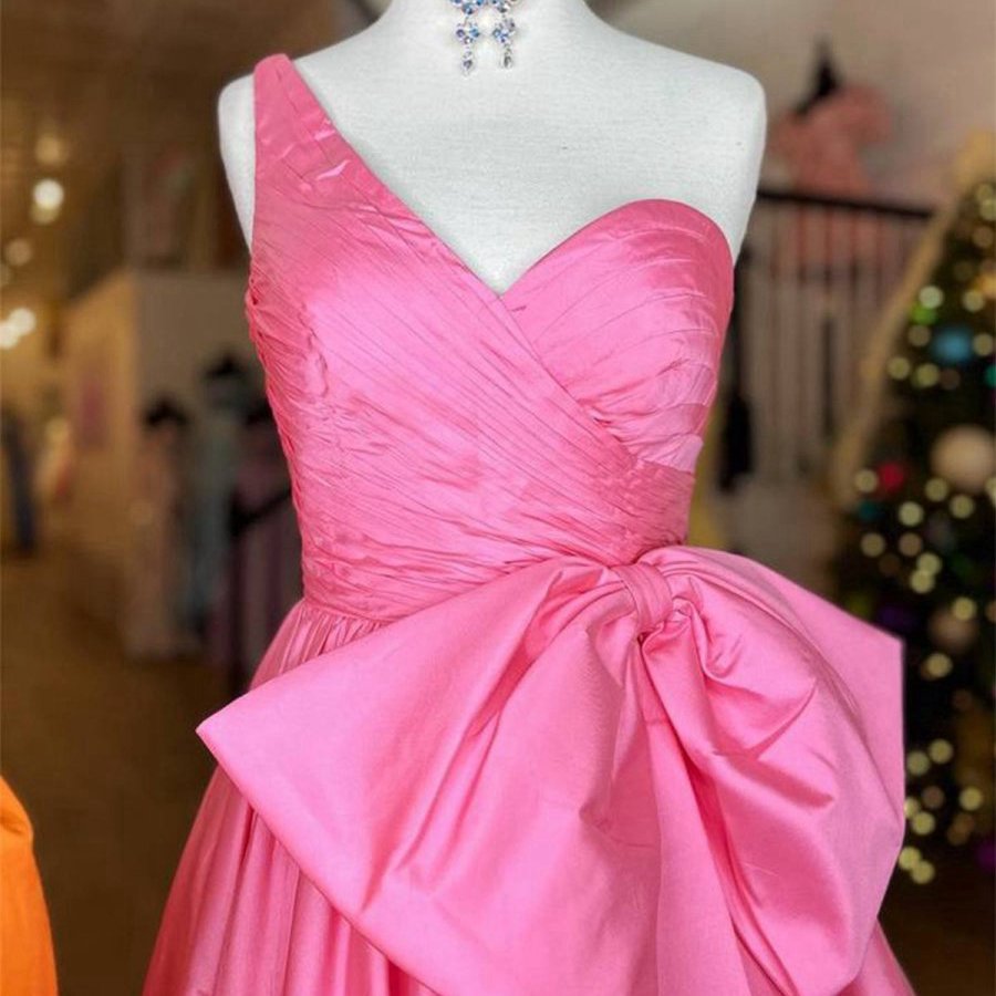 One Shoulder Satin A-line Prom Dresses with Bow