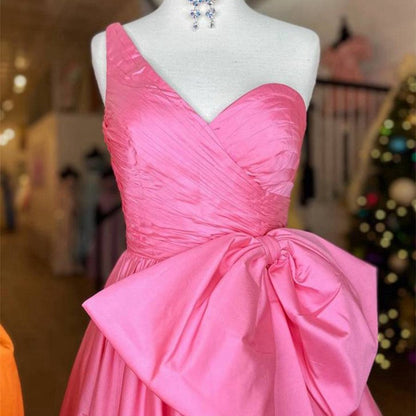 One Shoulder Satin A-line Prom Dresses with Bow