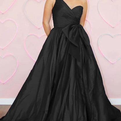 One Shoulder Satin A-line Prom Dresses with Bow