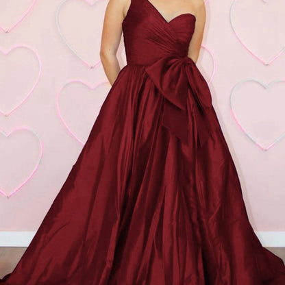 One Shoulder Satin A-line Prom Dresses with Bow