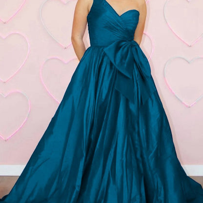 One Shoulder Satin A-line Prom Dresses with Bow