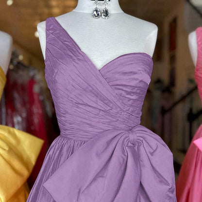 One Shoulder Satin A-line Prom Dresses with Bow