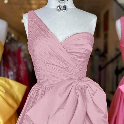 One Shoulder Satin A-line Prom Dresses with Bow