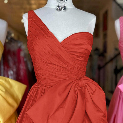 One Shoulder Satin A-line Prom Dresses with Bow