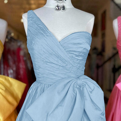 One Shoulder Satin A-line Prom Dresses with Bow