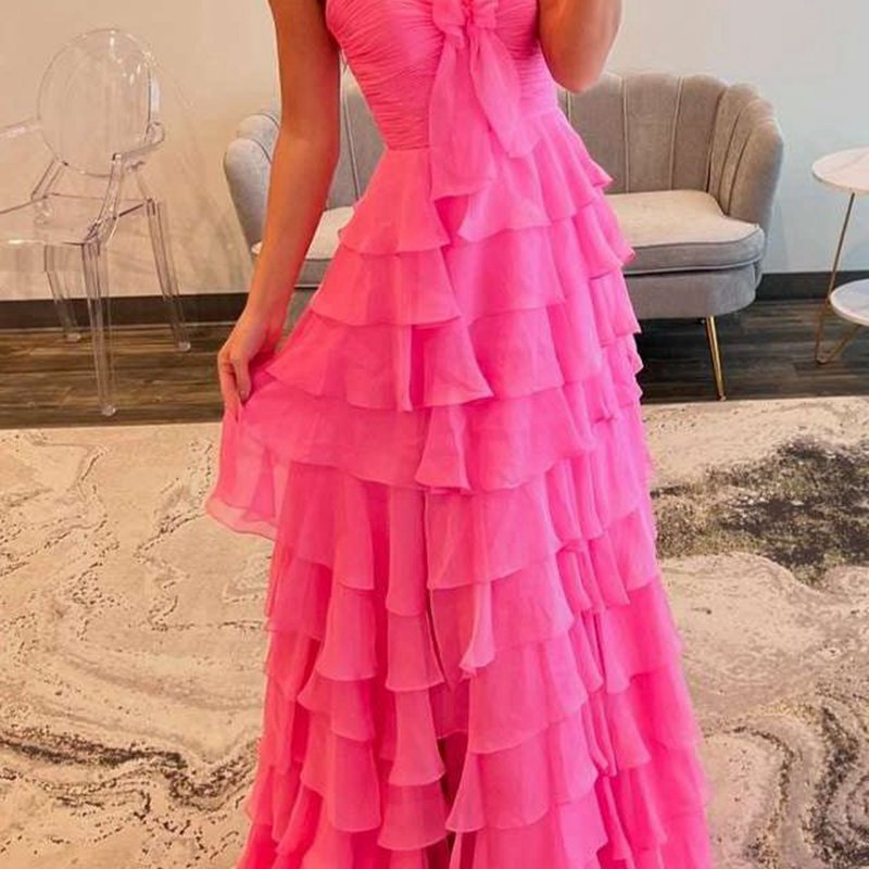 Chiffon Sweetheart Tie Ruffles Prom Dresses with Slit