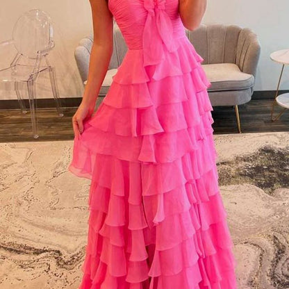Chiffon Sweetheart Tie Ruffles Prom Dresses with Slit