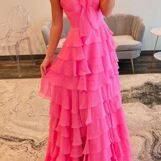 Chiffon Sweetheart Tie Ruffles Prom Dresses with Slit