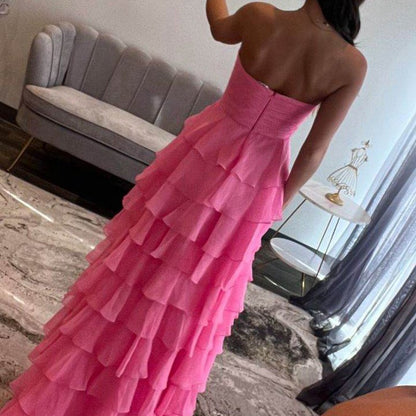 Chiffon Sweetheart Tie Ruffles Prom Dresses with Slit