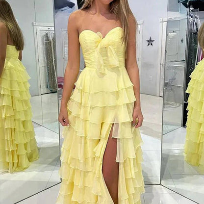 Chiffon Sweetheart Tie Ruffles Prom Dresses with Slit