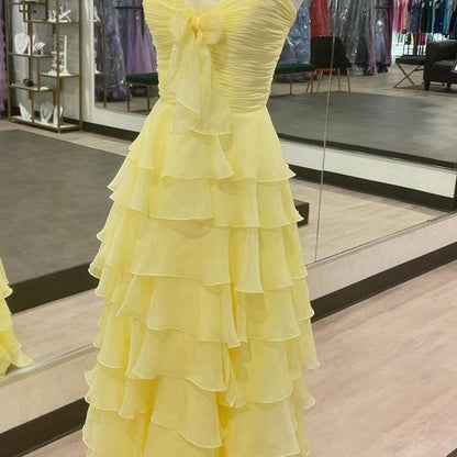 Chiffon Sweetheart Tie Ruffles Prom Dresses with Slit