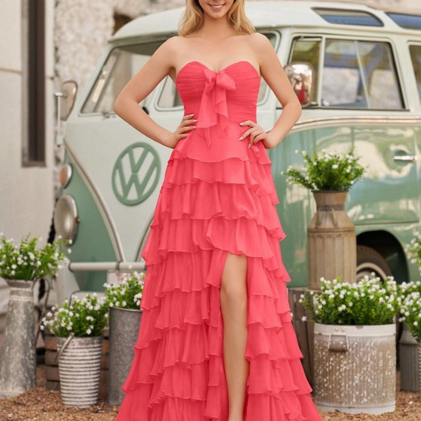 Chiffon Sweetheart Tie Ruffles Prom Dresses with Slit