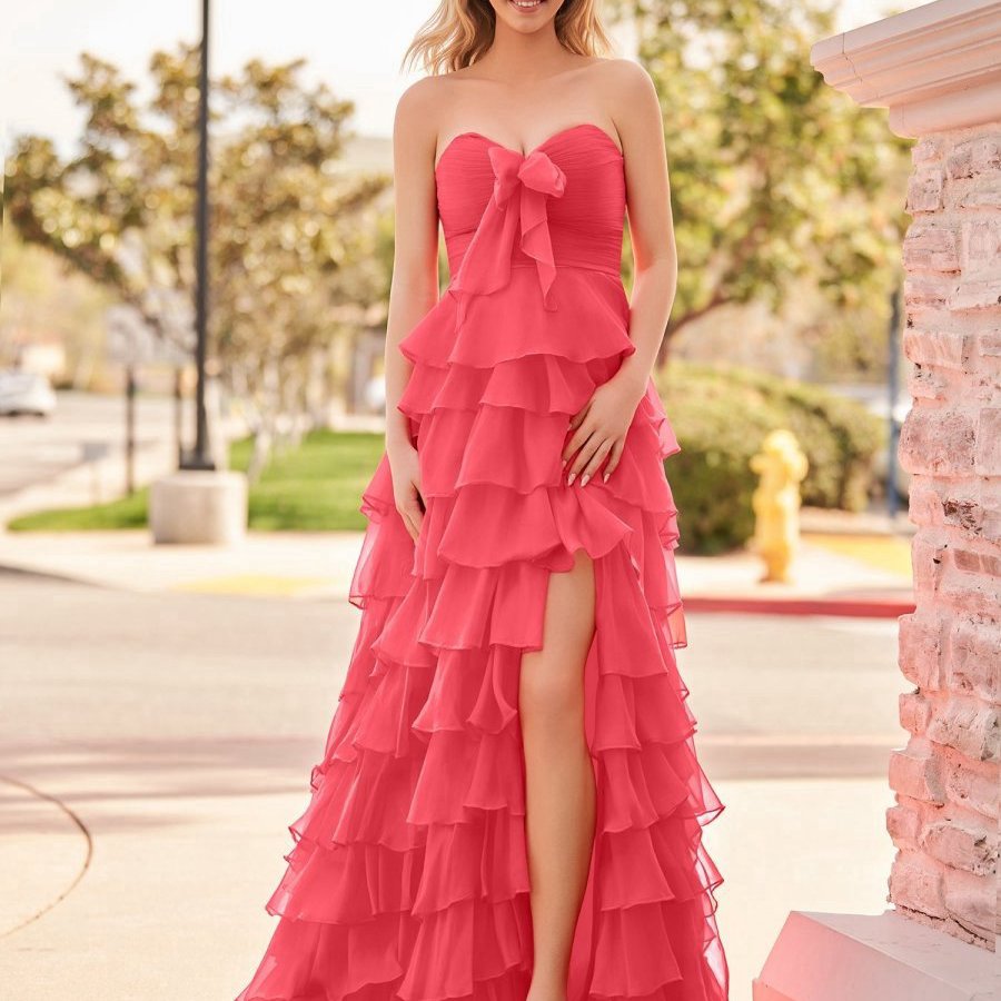 Chiffon Sweetheart Tie Ruffles Prom Dresses with Slit