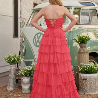 Chiffon Sweetheart Tie Ruffles Prom Dresses with Slit