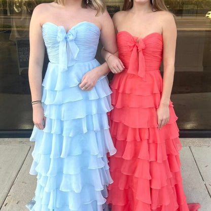 Chiffon Sweetheart Tie Ruffles Prom Dresses with Slit