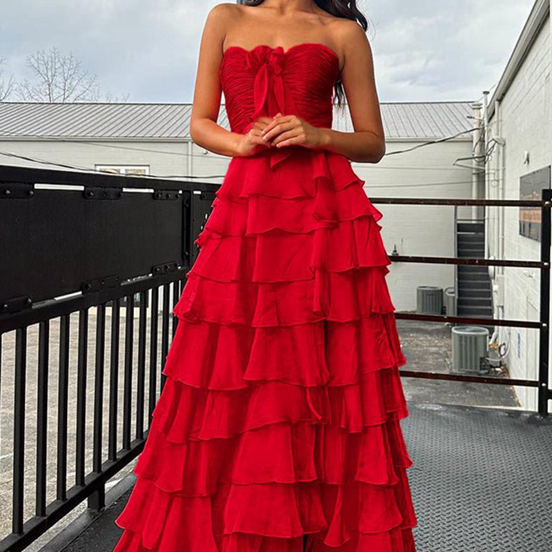 Chiffon Sweetheart Tie Ruffles Prom Dresses with Slit
