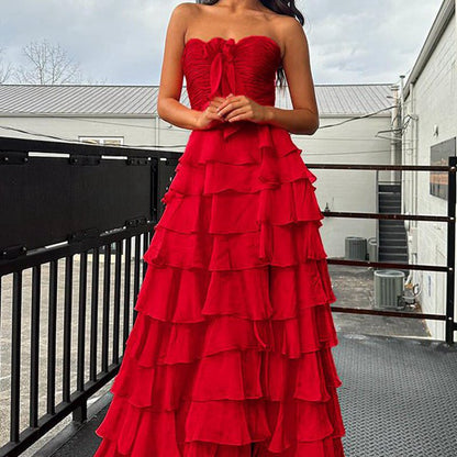 Chiffon Sweetheart Tie Ruffles Prom Dresses with Slit