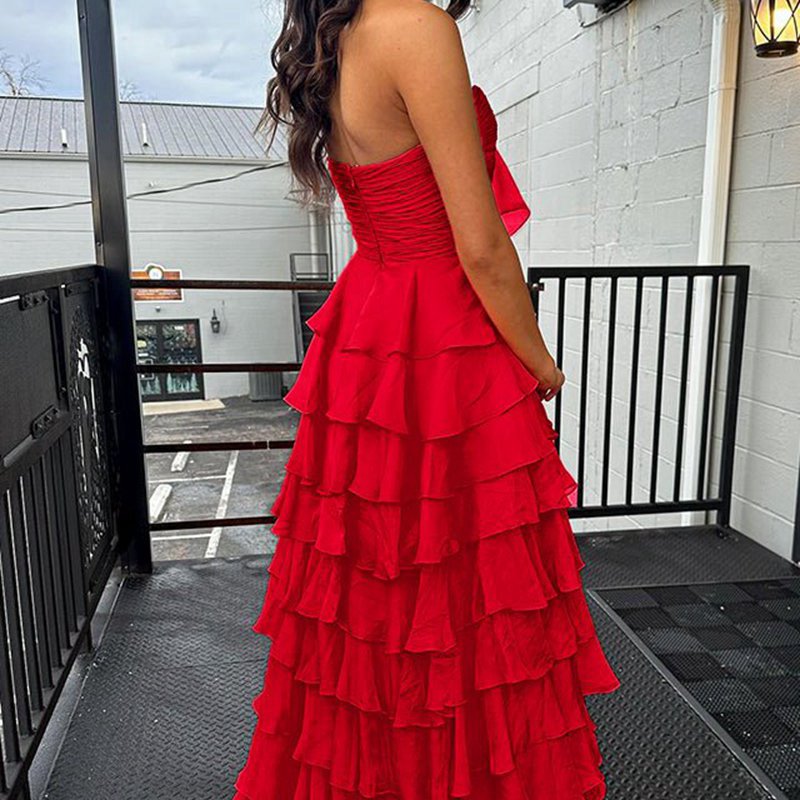 Chiffon Sweetheart Tie Ruffles Prom Dresses with Slit