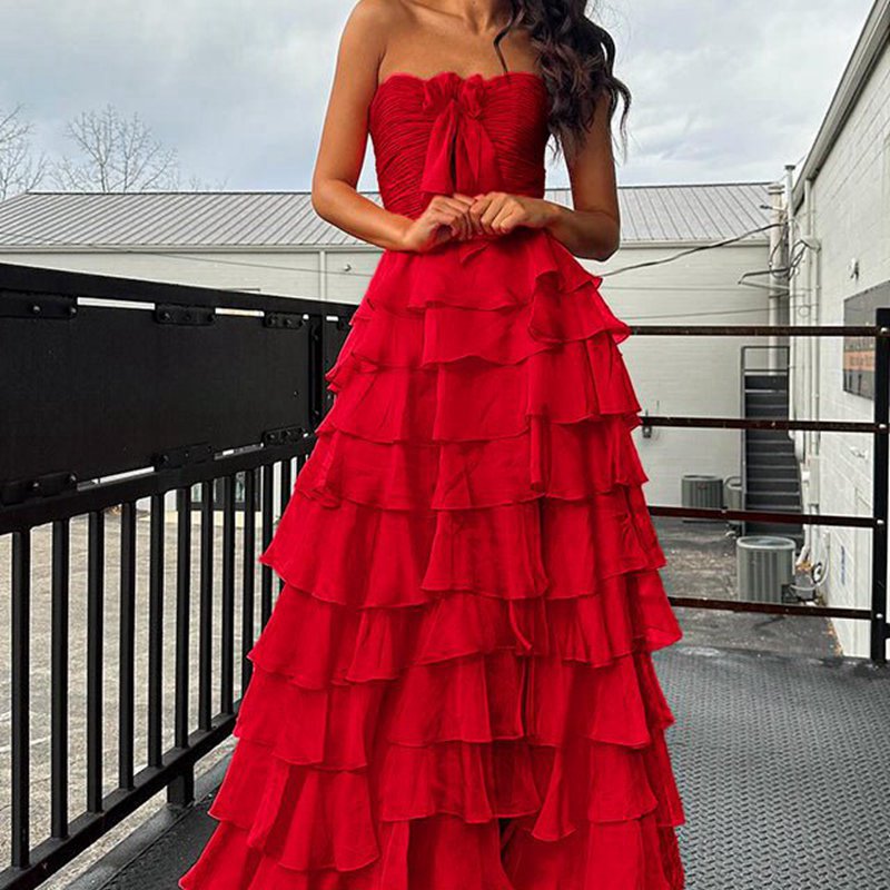 Chiffon Sweetheart Tie Ruffles Prom Dresses with Slit