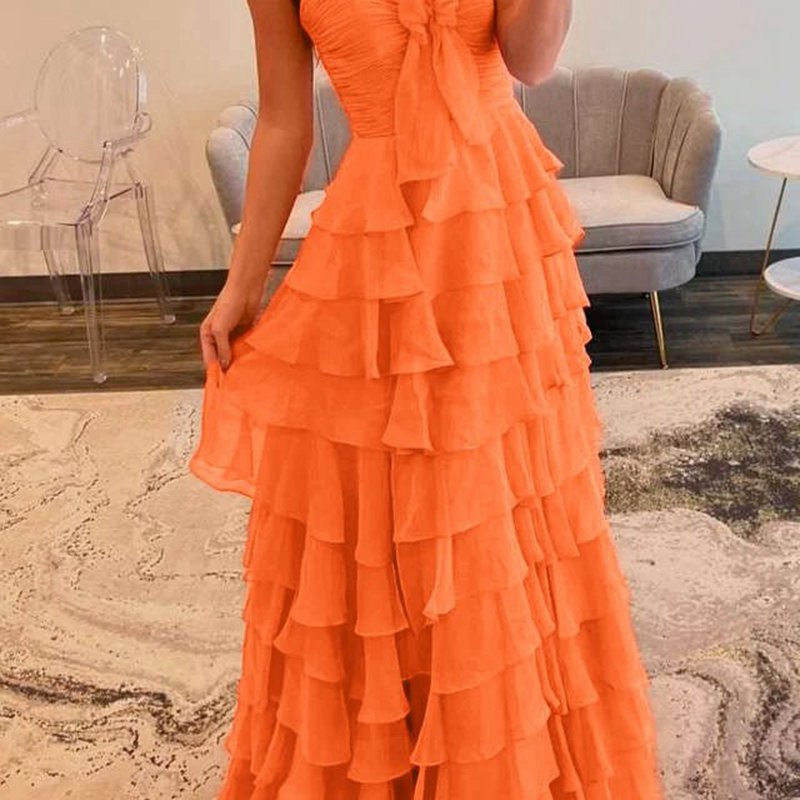 Chiffon Sweetheart Tie Ruffles Prom Dresses with Slit