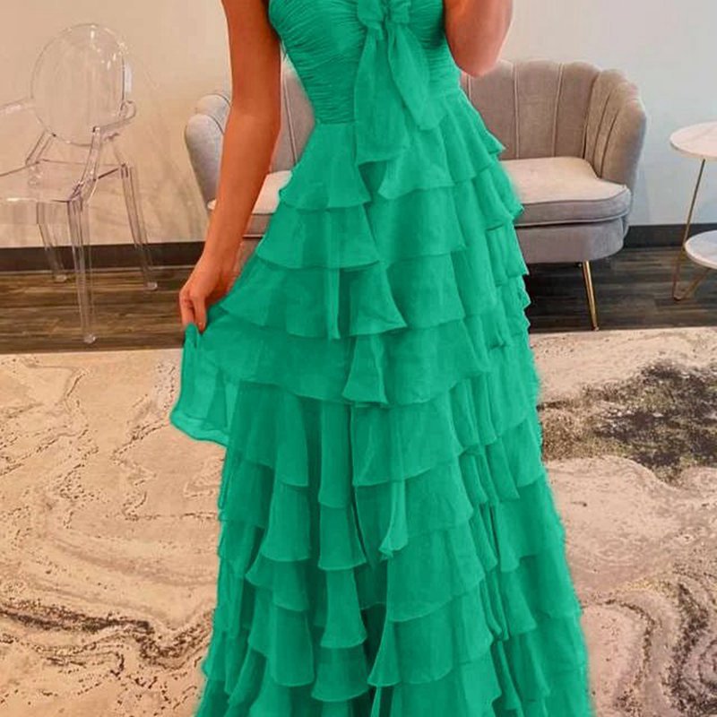 Chiffon Sweetheart Tie Ruffles Prom Dresses with Slit