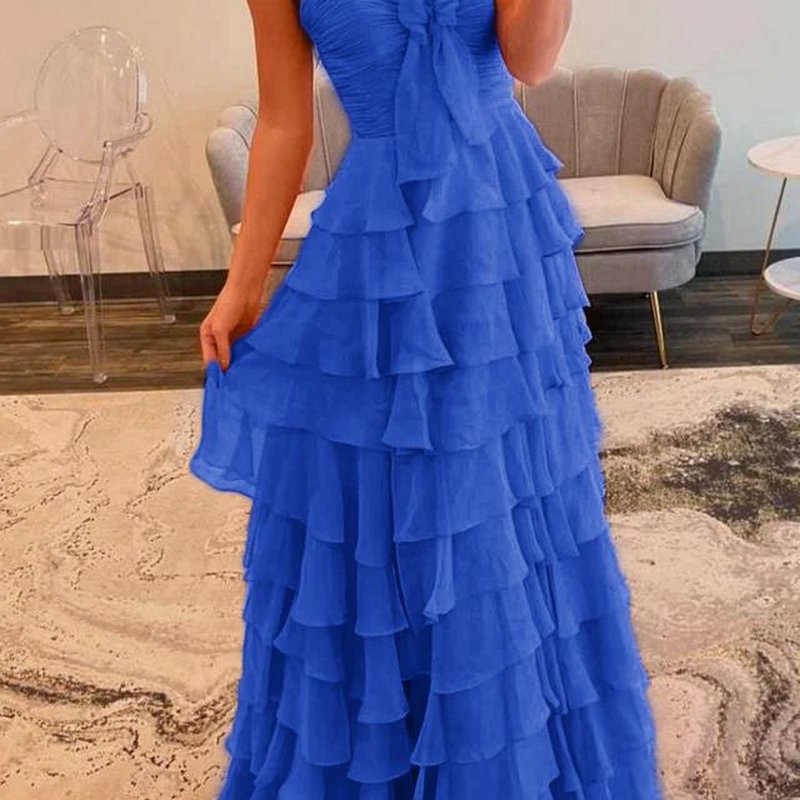 Chiffon Sweetheart Tie Ruffles Prom Dresses with Slit