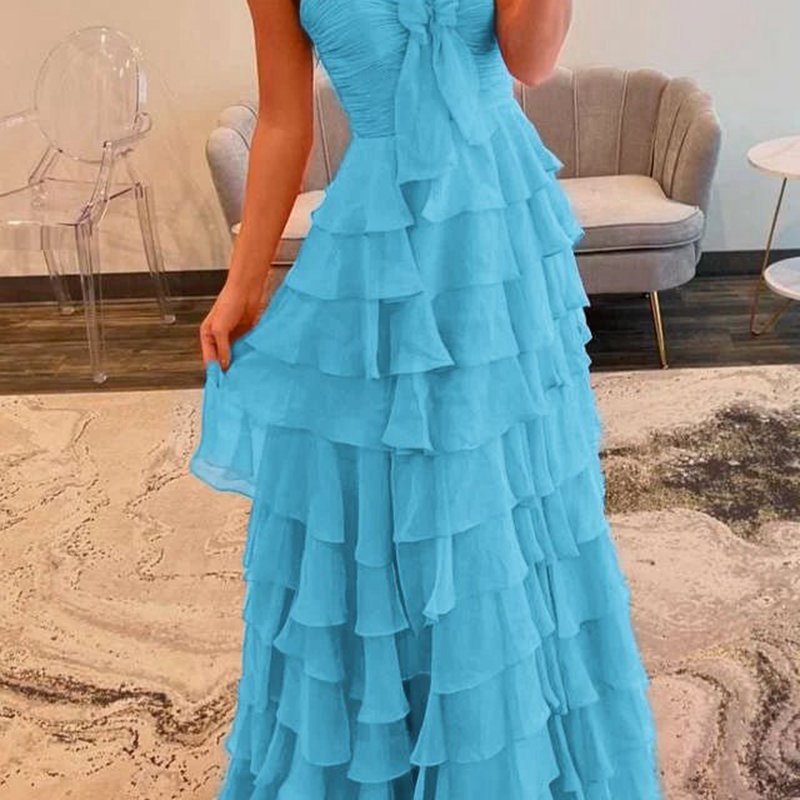 Chiffon Sweetheart Tie Ruffles Prom Dresses with Slit