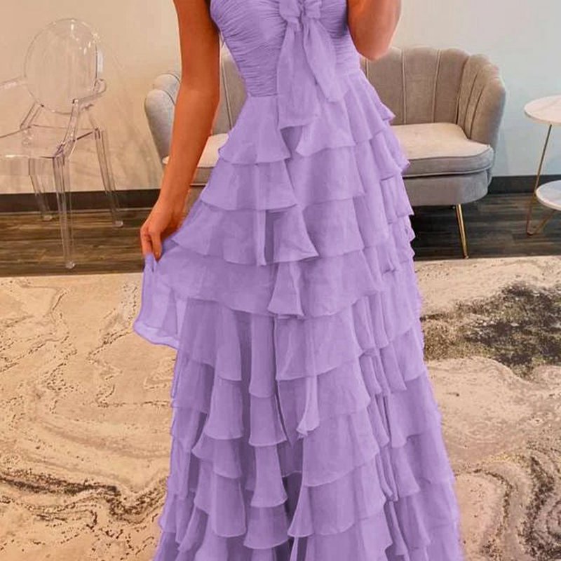 Chiffon Sweetheart Tie Ruffles Prom Dresses with Slit