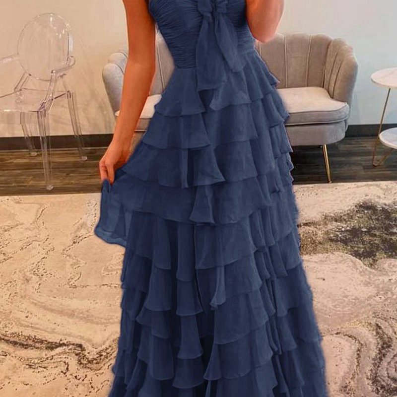 Chiffon Sweetheart Tie Ruffles Prom Dresses with Slit