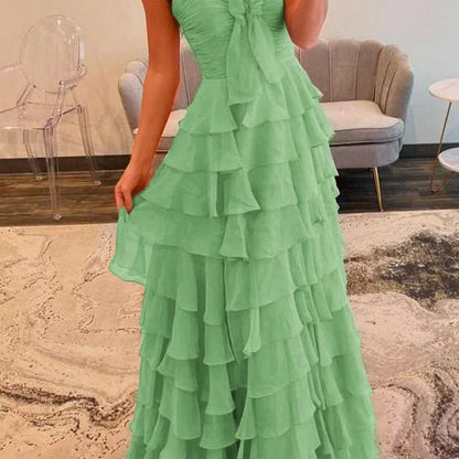 Chiffon Sweetheart Tie Ruffles Prom Dresses with Slit