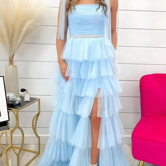 Pleated Ruffle Prom Dresses with Bow Tie Straps