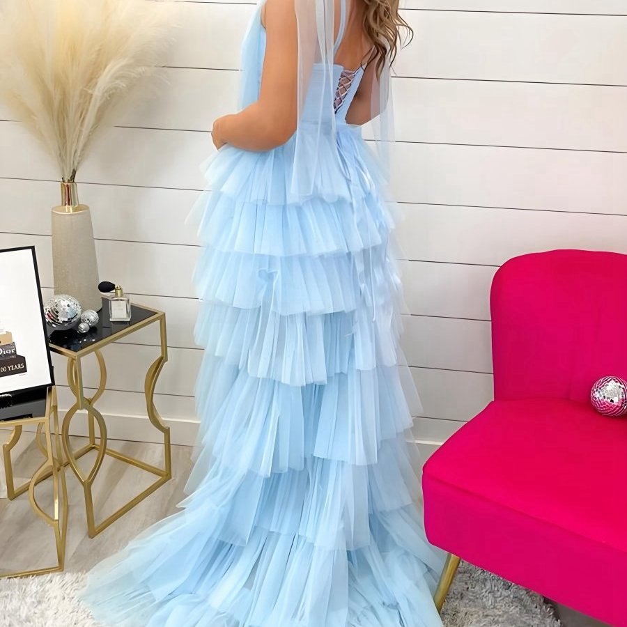 Pleated Ruffle Prom Dresses with Bow Tie Straps