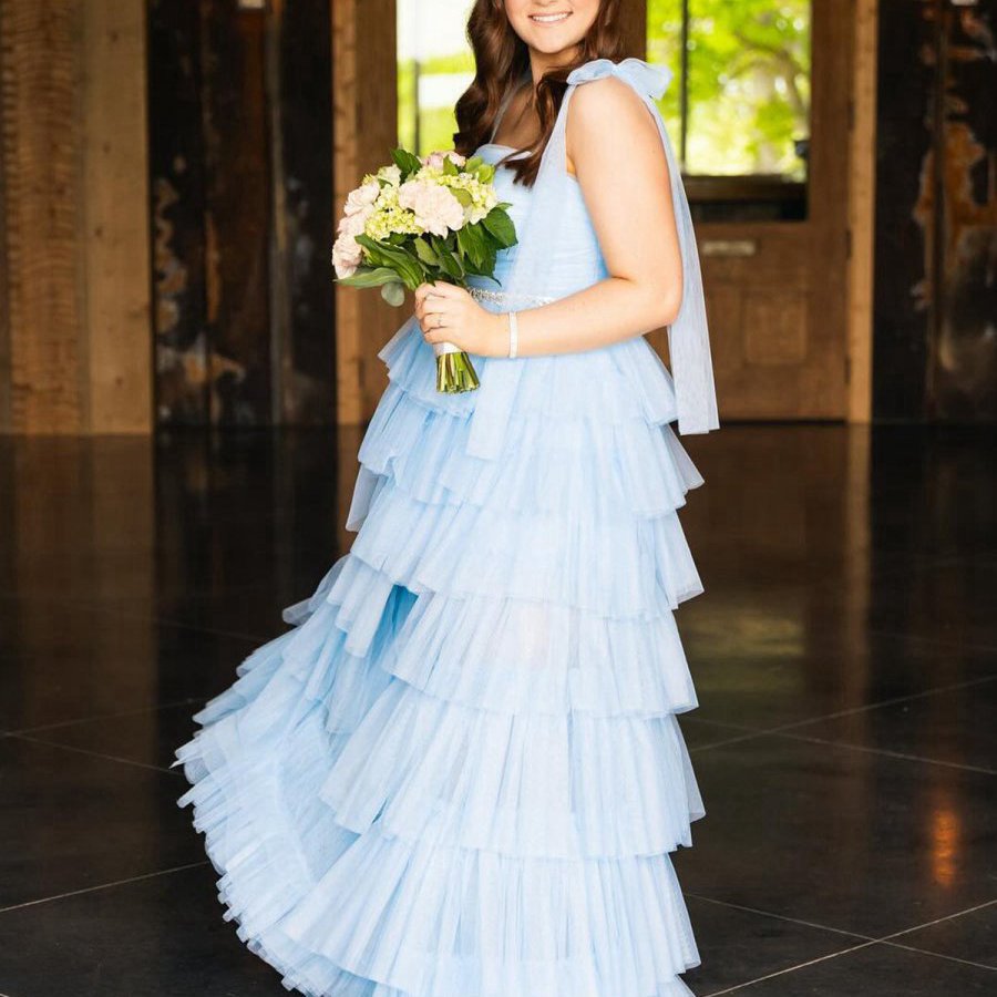 Pleated Ruffle Prom Dresses with Bow Tie Straps