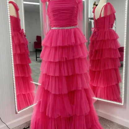 Pleated Ruffle Prom Dresses with Bow Tie Straps