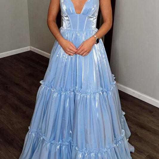 Cute A-line V Neck Glitter Organza Satin Prom Dresses