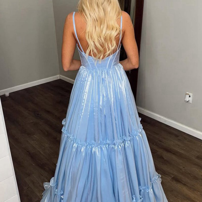 Cute A-line V Neck Glitter Organza Satin Prom Dresses