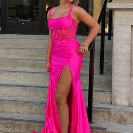 Straps Pleated Mermaid Prom Dresses with Slit