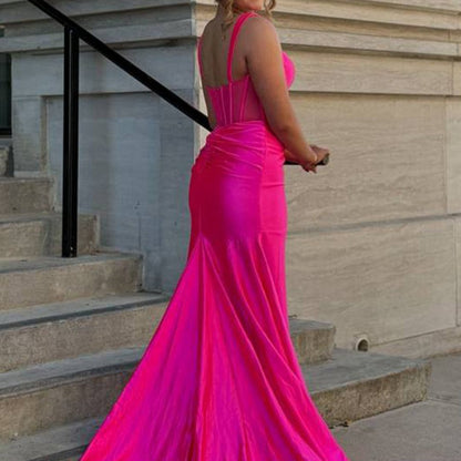 Straps Pleated Mermaid Prom Dresses with Slit