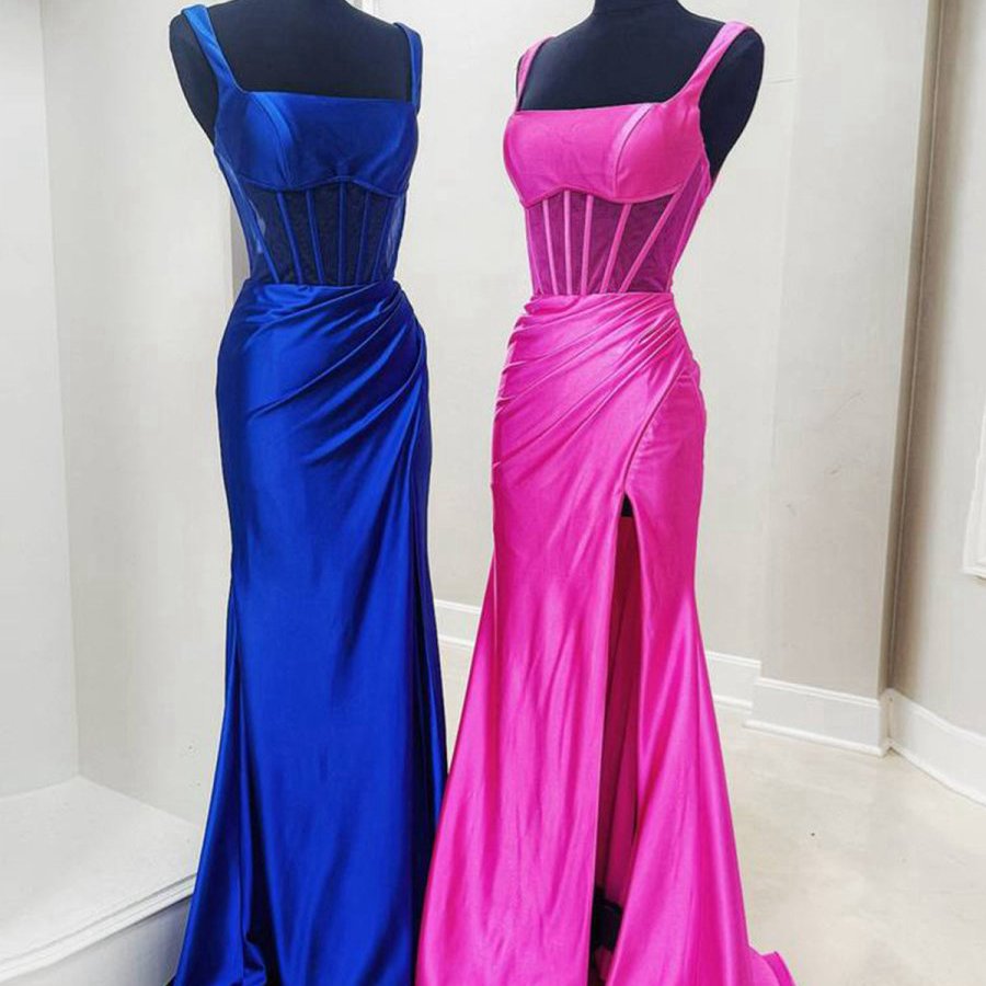Straps Pleated Mermaid Prom Dresses with Slit