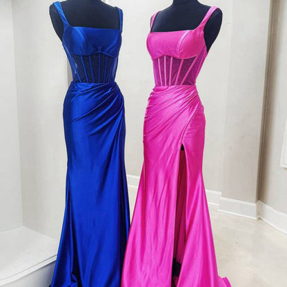Straps Pleated Mermaid Prom Dresses with Slit