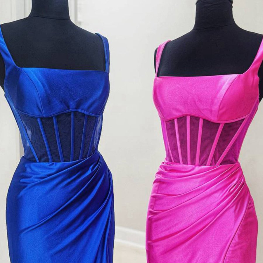 Straps Pleated Mermaid Prom Dresses with Slit