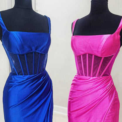 Straps Pleated Mermaid Prom Dresses with Slit