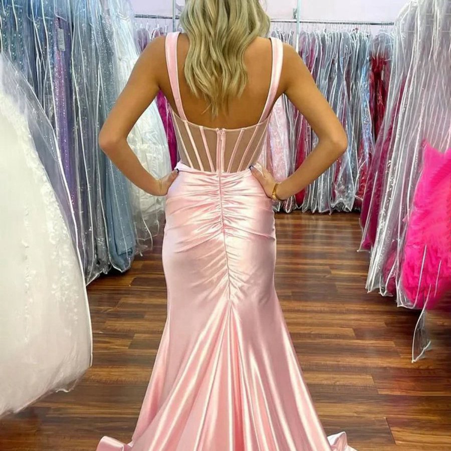 Straps Pleated Mermaid Prom Dresses with Slit