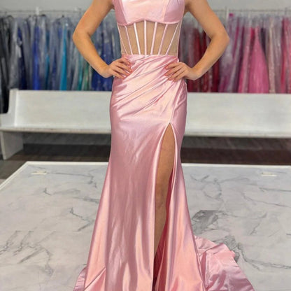 Straps Pleated Mermaid Prom Dresses with Slit