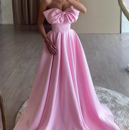 A-line Strapless Bow Satin Pleated Long Formal Prom Dresses