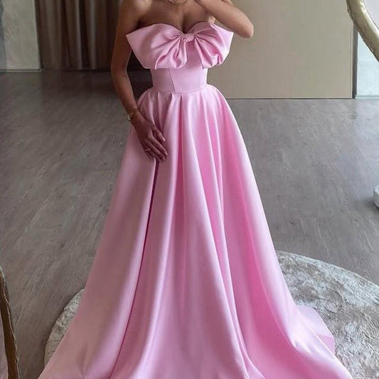 A-line Strapless Bow Satin Pleated Long Formal Prom Dresses
