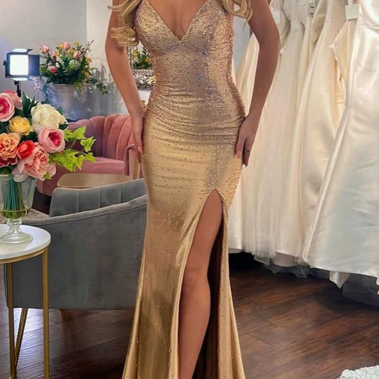 Mermaid V Neck Satin Slit Prom Dresses with Hot Stone